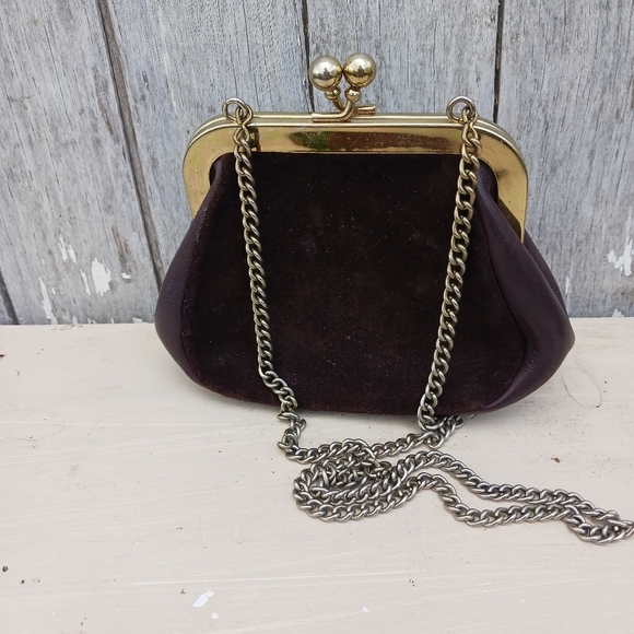Vintage Brown Leather Gold Kiss Lock  Purse With Silver Chain Mini - Picture 7 of 10
